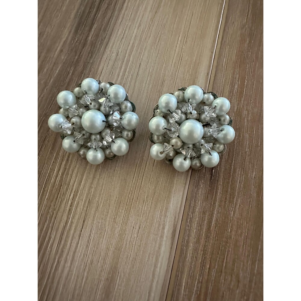 VTG Marvella Faux Pearl Cluster Clip On Earrings Signed